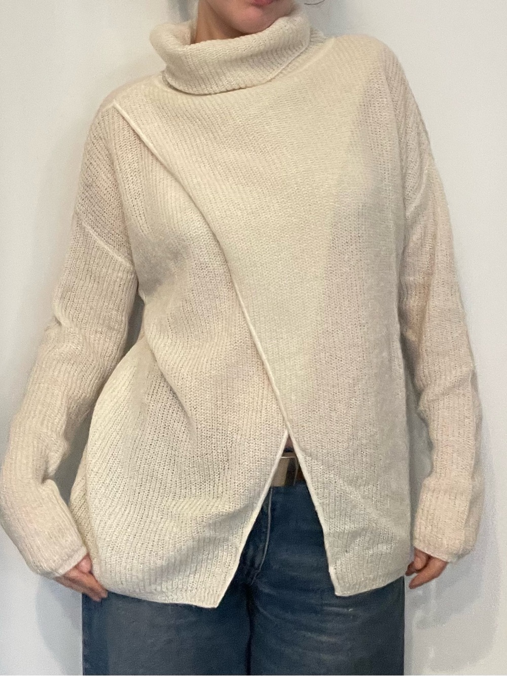 Sarah Pacini Cream Cross-Front Turtleneck Sweater